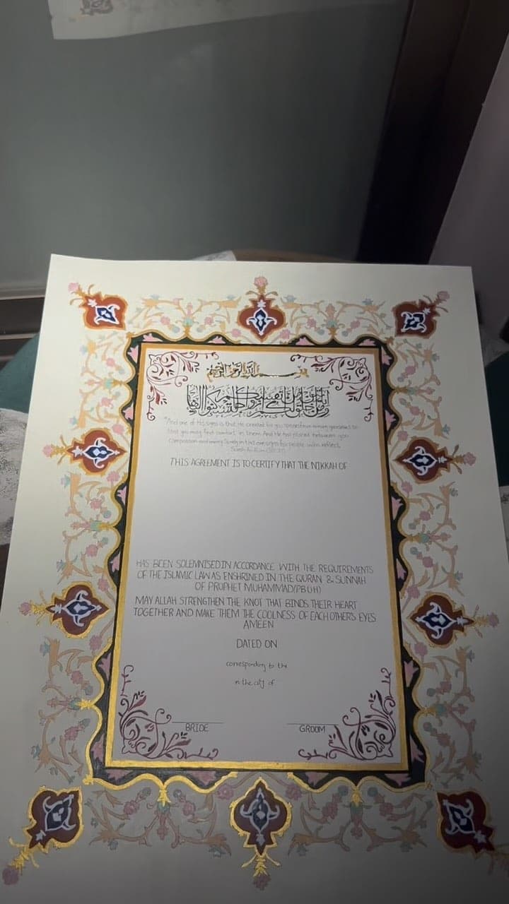 Full hand-painted Nikkah Nama with gold frame and carnation cartouches