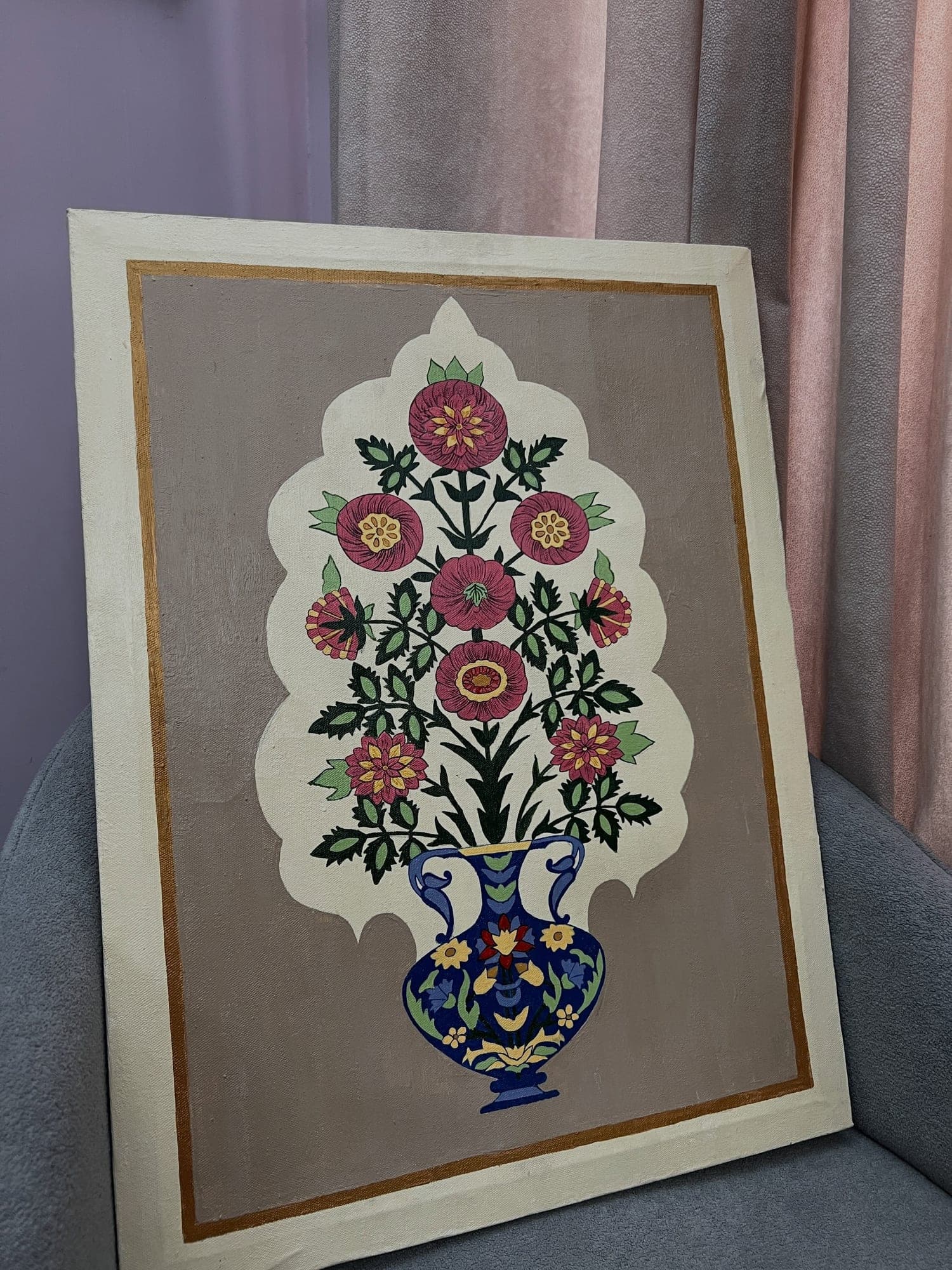 Hand-painted Mughal floral canvas: pink flowers in a Multani-blue vase on a taupe ground