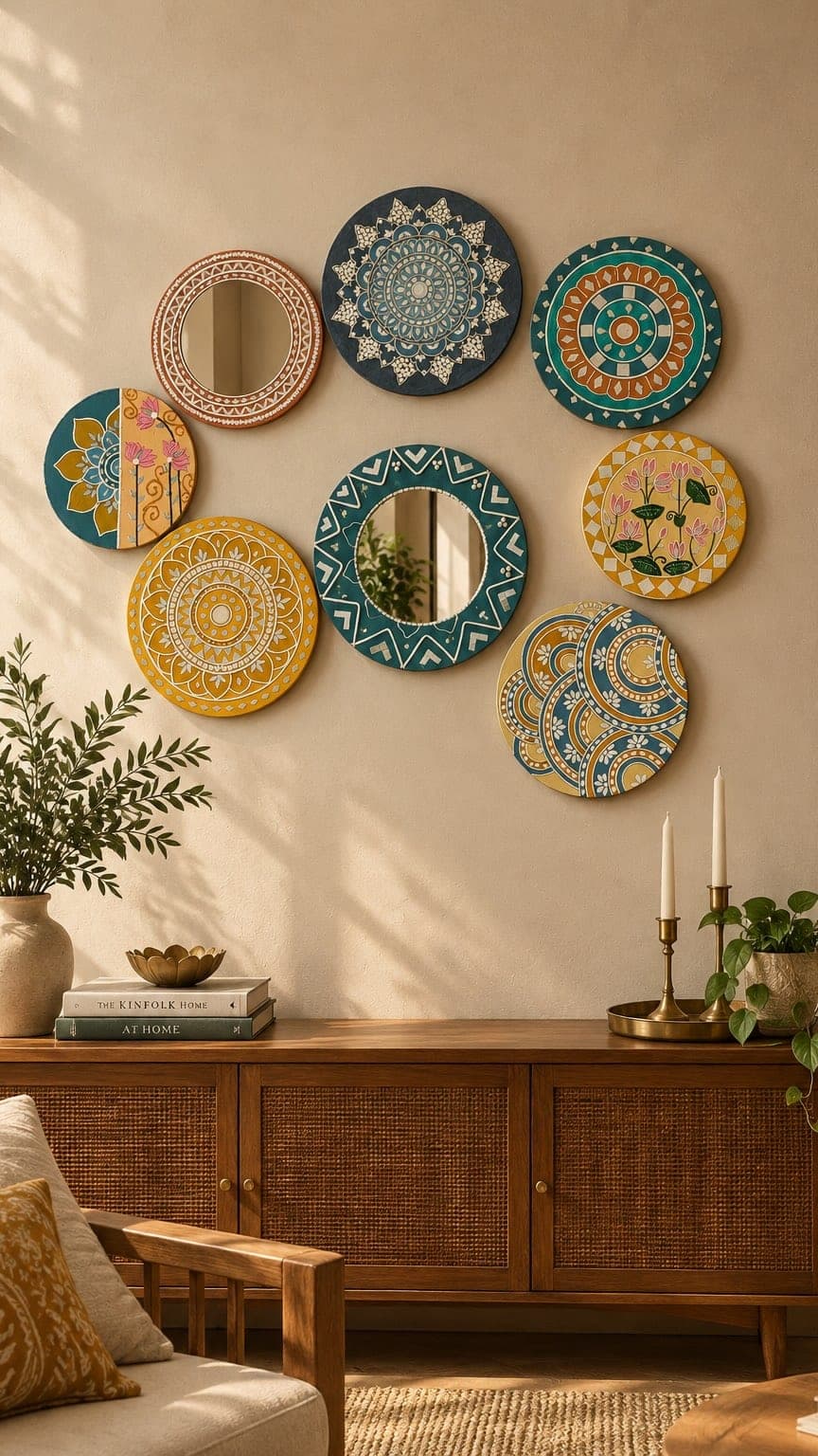 A wall of hand-painted round mandala mirrors in mustard, teal, navy and blush
